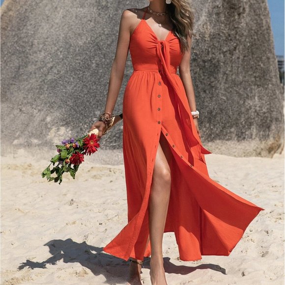 Boho Orange Knot Front Tie Back Maxi Halter Dress - Picture 3 of 6